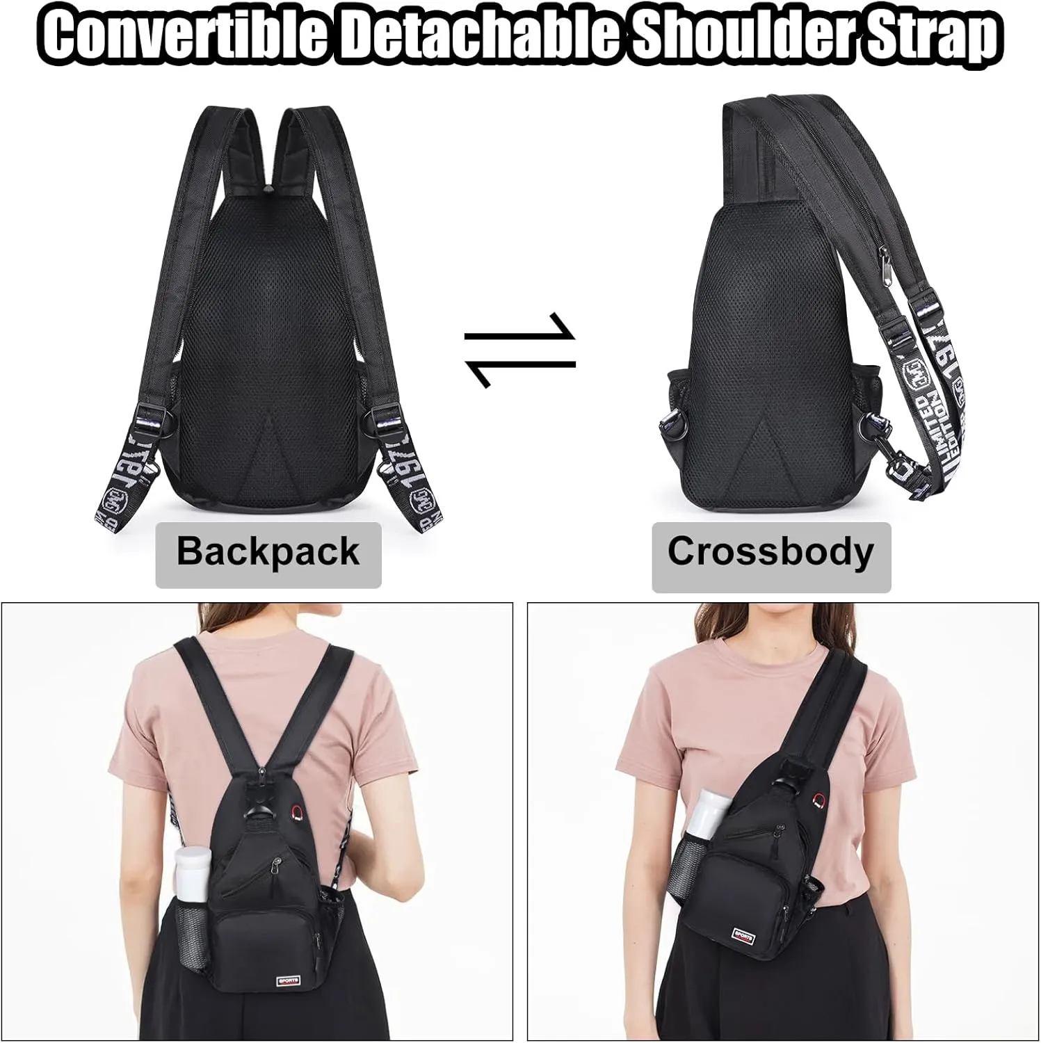 Geestock Crossbody Sling Bag Backpack for Men & Women, Convertible Shoulder Bag Waterproof Chest Bag for Daypack Travel Hiking (Black)