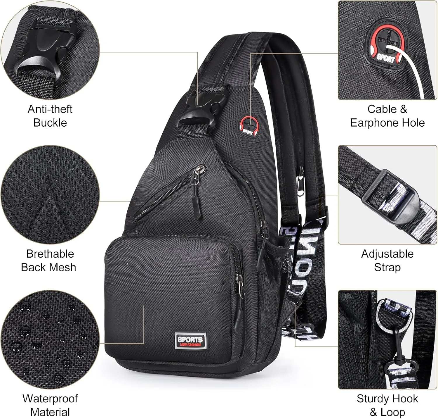 Geestock Crossbody Sling Bag Backpack for Men & Women, Convertible Shoulder Bag Waterproof Chest Bag for Daypack Travel Hiking (Black)