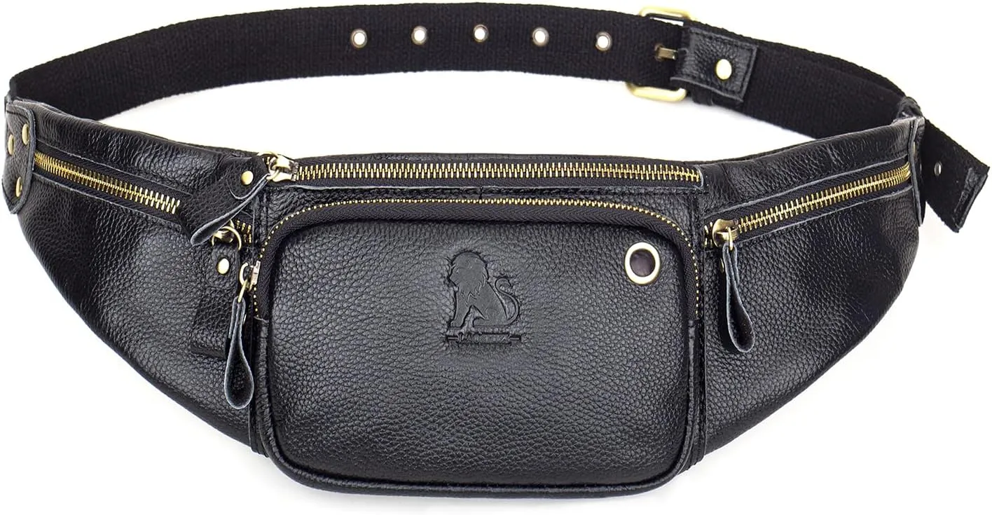 Genuine Leather Fanny Pack Men Waist Bag Multifunction Pockets Black Crossbody Bags for Travel Running Workout Hiking