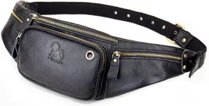 Genuine Leather Fanny Pack Men Waist Bag Multifunction Pockets Black Crossbody Bags for Travel Running Workout Hiking
