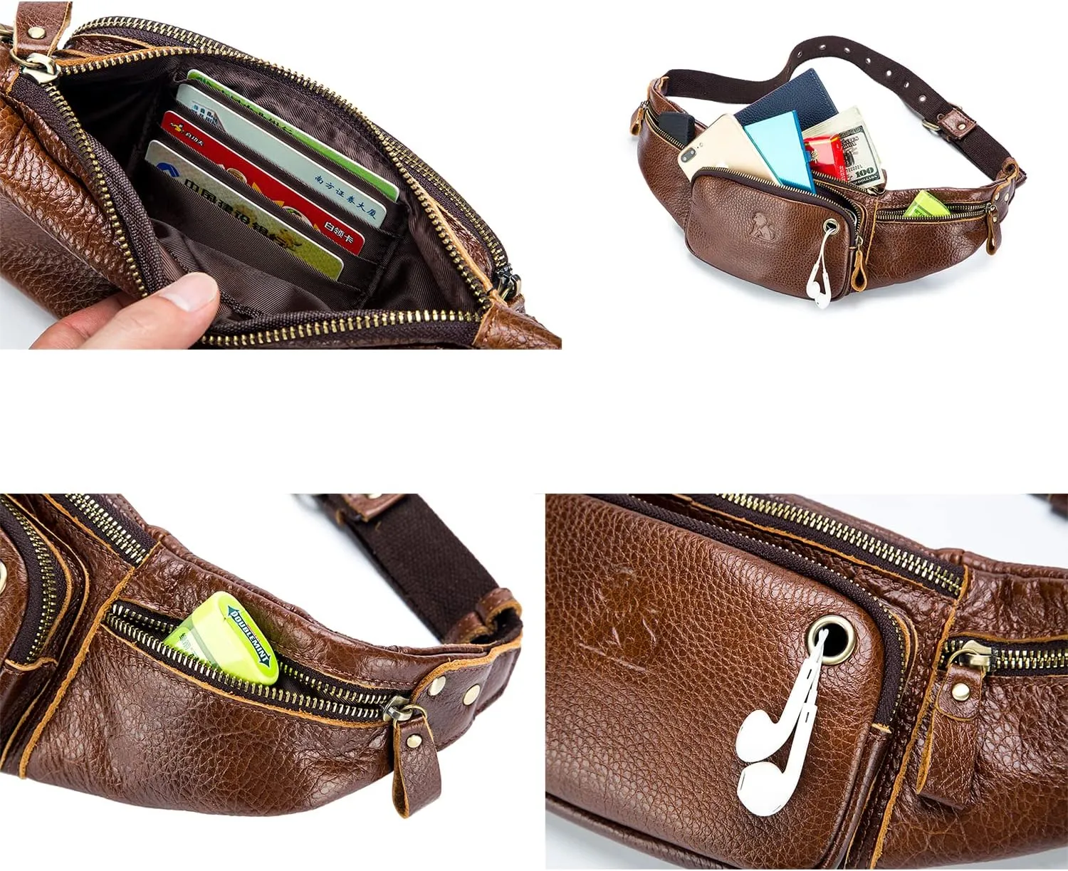 Genuine Leather Fanny Pack Men Waist Bag Multifunction Pockets Black Crossbody Bags for Travel Running Workout Hiking