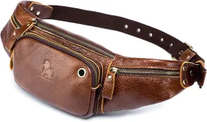 Genuine Leather Fanny Pack Men Waist Bag Multifunction Pockets Brown Crossbody Bags for Travel Running Workout Hiking