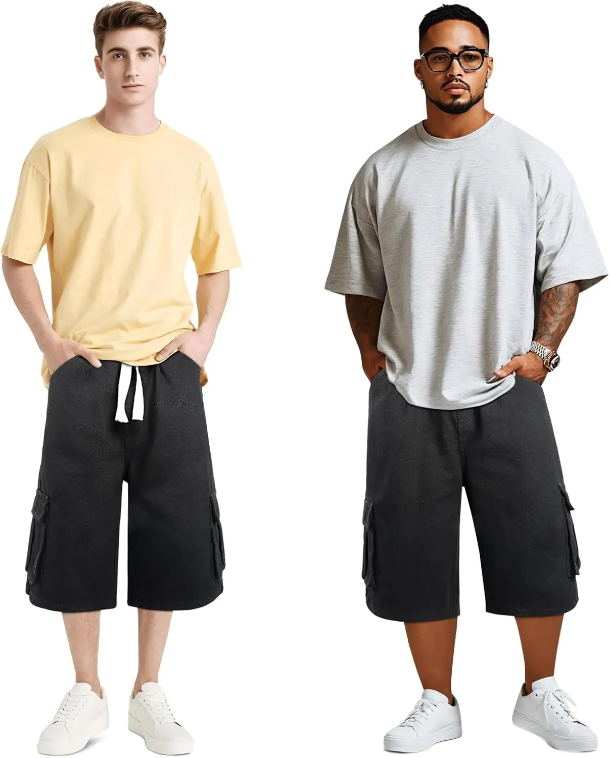 GINGTTO Mens Baggy Jean Shorts Cargo Long Denim Shorts Elastic Waist 15 Inch Inseam