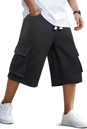 GINGTTO Mens Baggy Jean Shorts Cargo Long Denim Shorts Elastic Waist 15 Inch Inseam