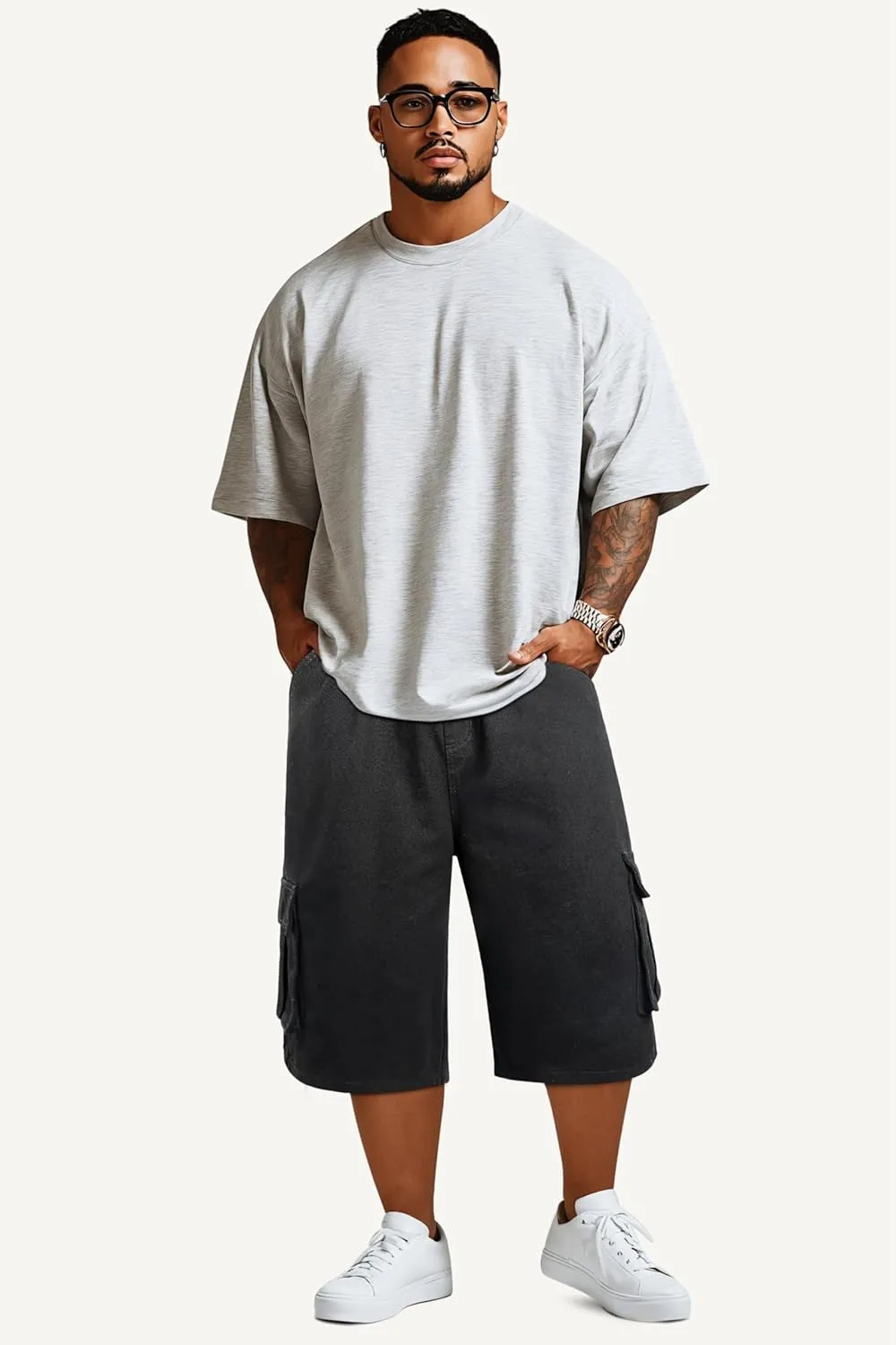 GINGTTO Mens Baggy Jean Shorts Cargo Long Denim Shorts Elastic Waist 15 Inch Inseam