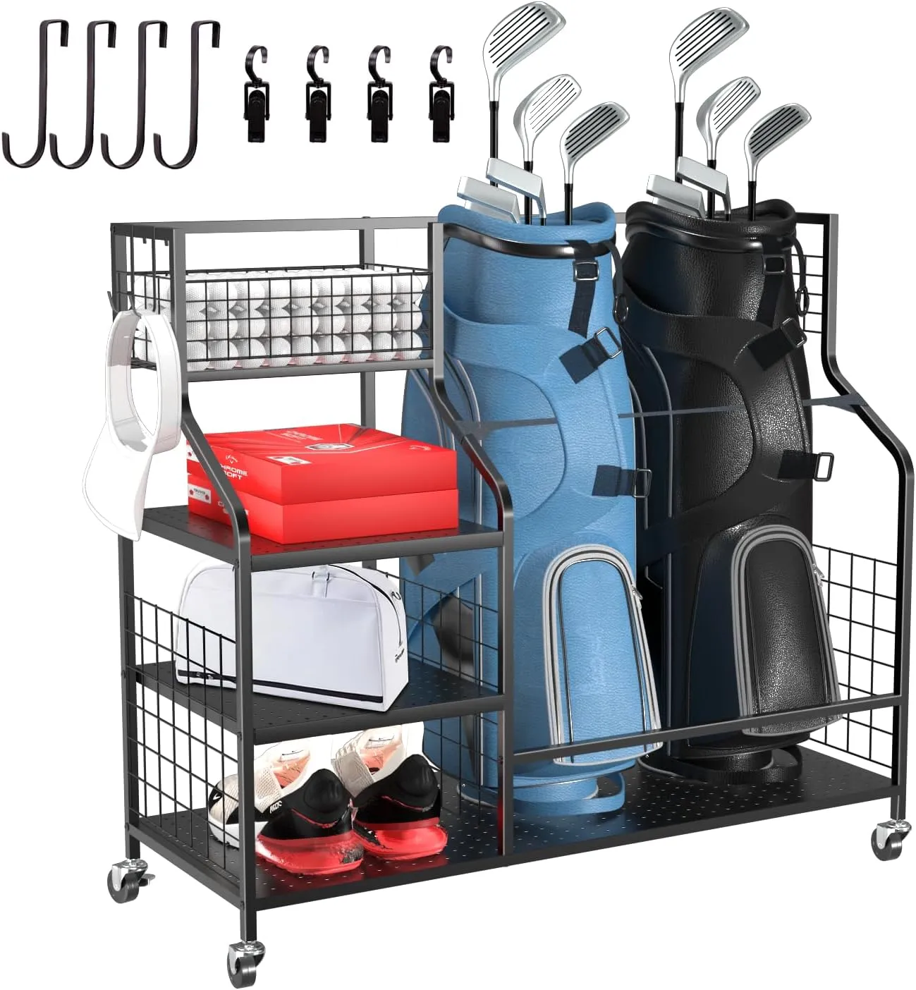 Golf Bag Organizer for Garage, Storage Rack Club Holder Extra Large Stand for 2 Bags, Equipment Accessories