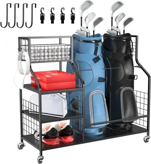 Golf Bag Organizer for Garage, Storage Rack Club Holder Extra Large Stand for 2 Bags, Equipment Accessories