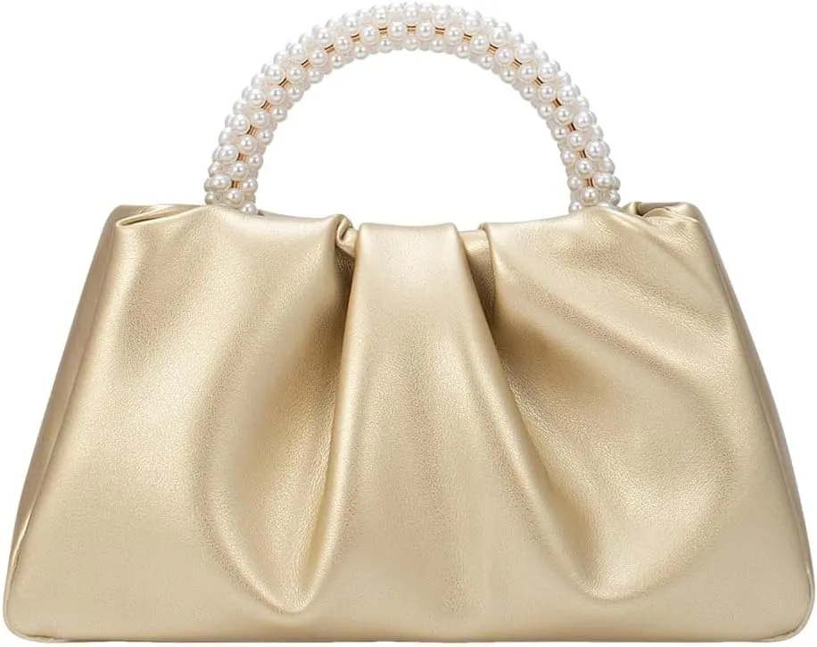 GORGLITTER Women's Evening Bag Pearl Purses Leather Ruched Handbags Wedding Bridal Clutch Party Prom Crossbody Purses