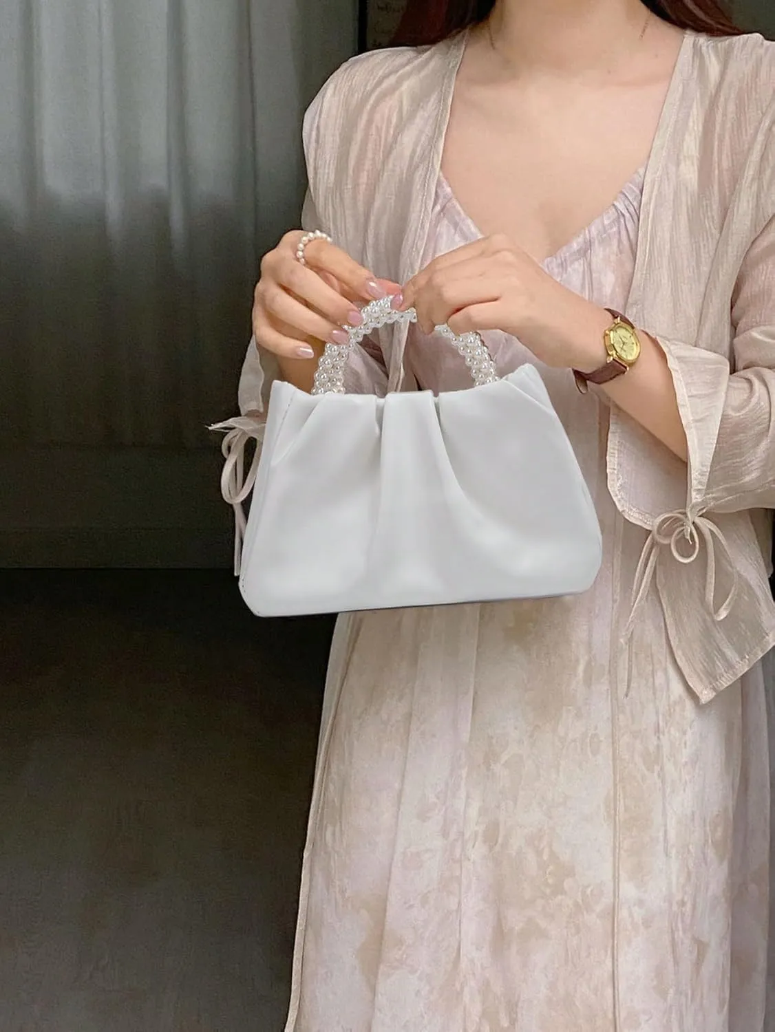 GORGLITTER Women's Evening Bag Pearl Purses Leather Ruched Handbags Wedding Bridal Clutch Party Prom Crossbody Purses