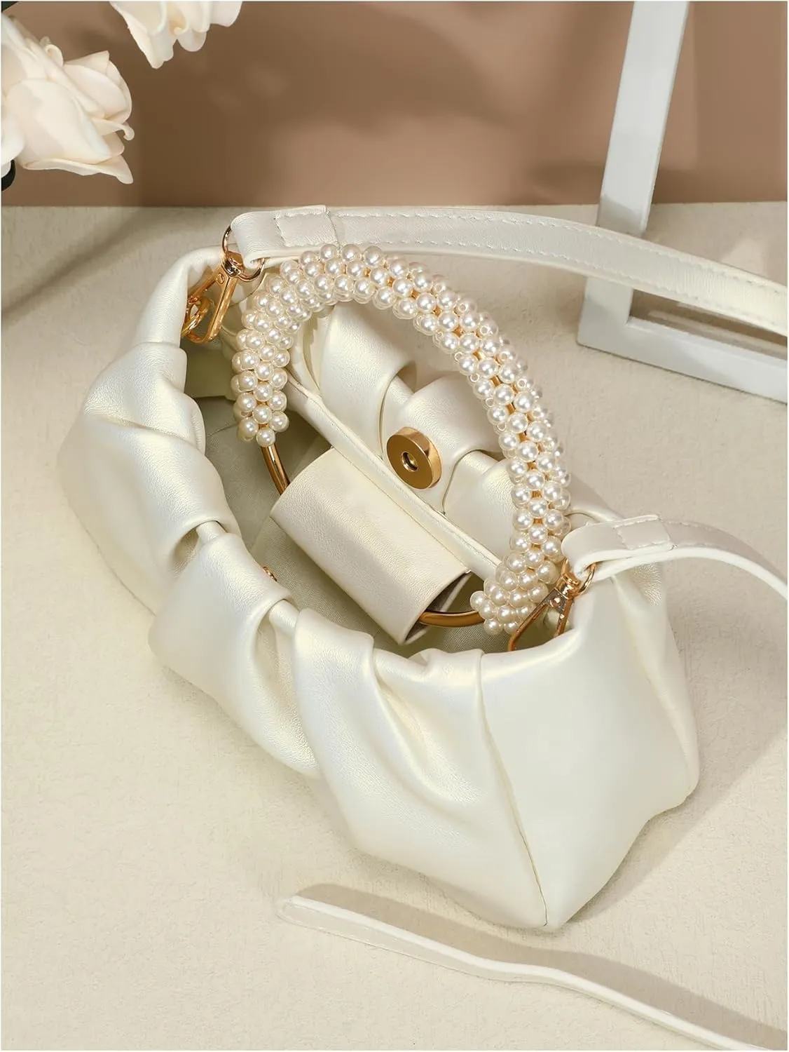 GORGLITTER Women's Evening Bag Pearl Purses Leather Ruched Handbags Wedding Bridal Clutch Party Prom Crossbody Purses
