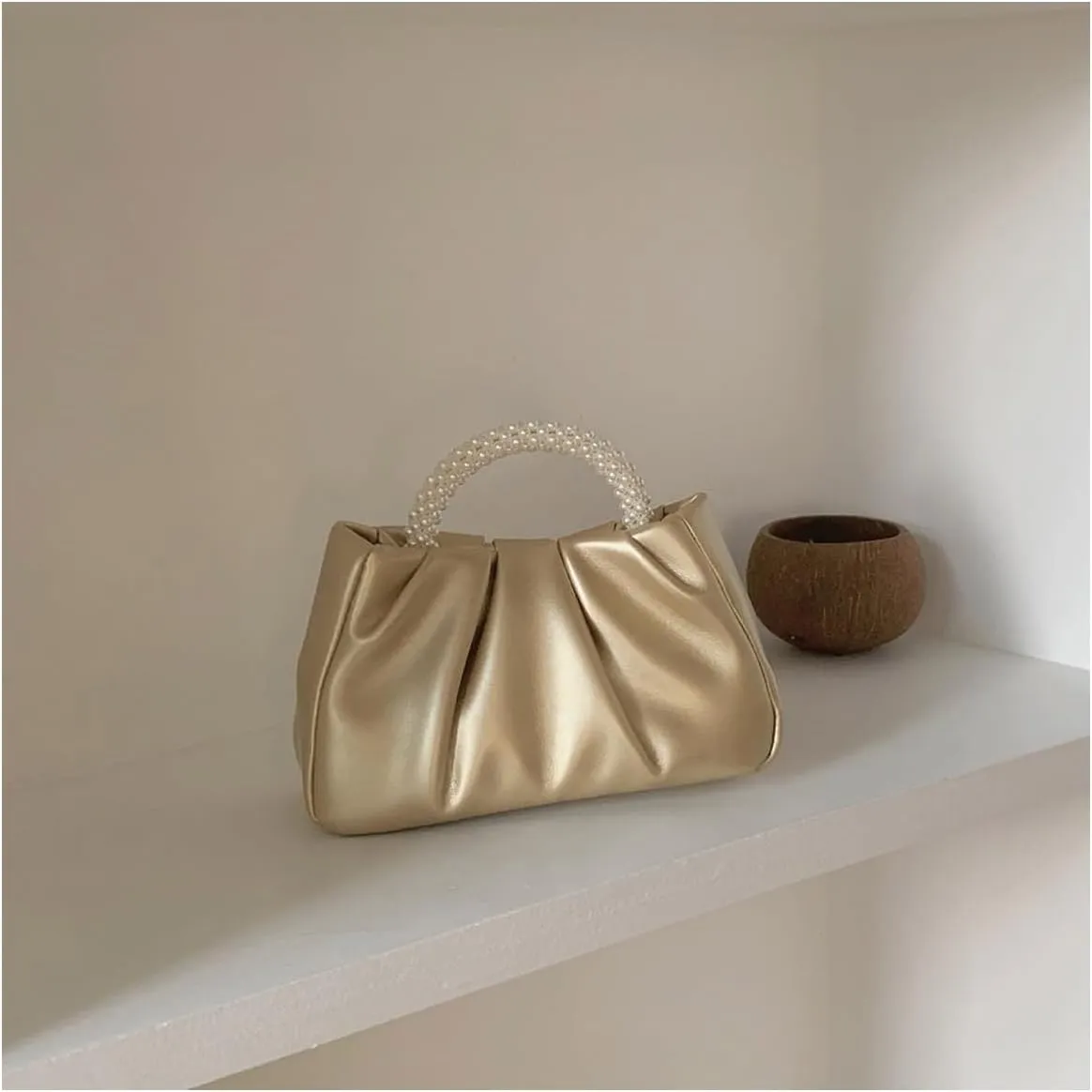 GORGLITTER Women's Evening Bag Pearl Purses Leather Ruched Handbags Wedding Bridal Clutch Party Prom Crossbody Purses