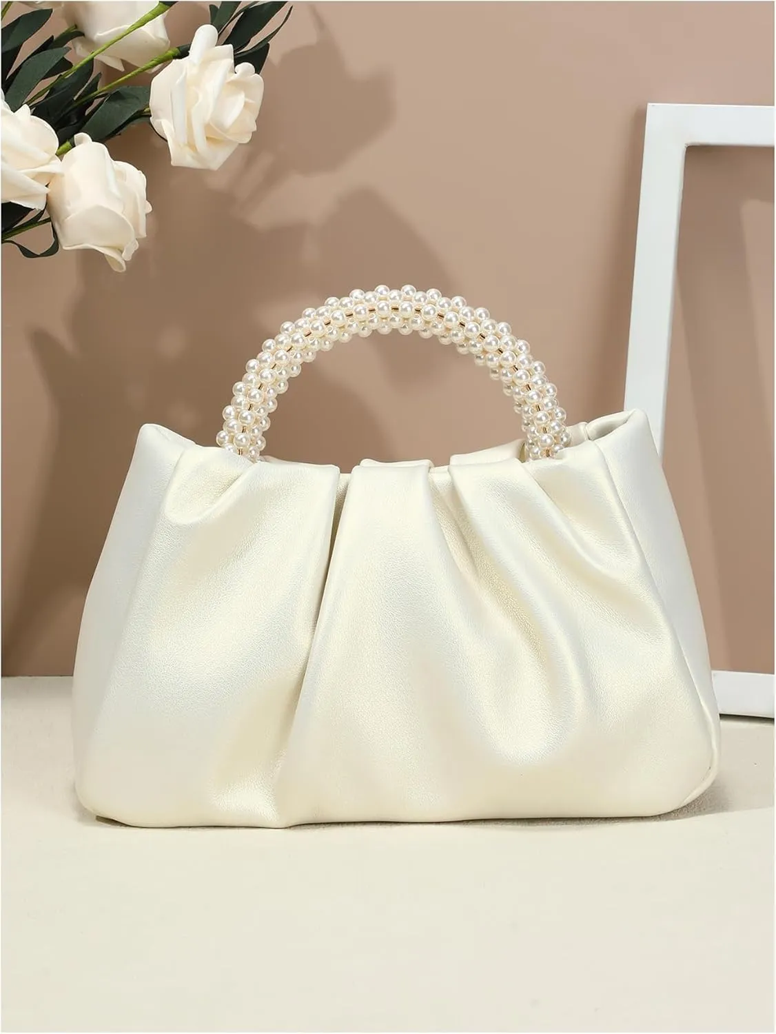 GORGLITTER Women's Evening Bag Pearl Purses Leather Ruched Handbags Wedding Bridal Clutch Party Prom Crossbody Purses