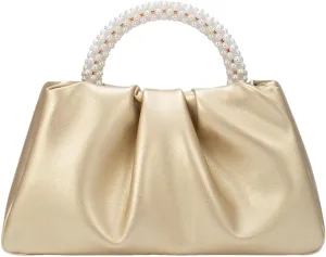 GORGLITTER Women's Evening Bag Pearl Purses Leather Ruched Handbags Wedding Bridal Clutch Party Prom Crossbody Purses