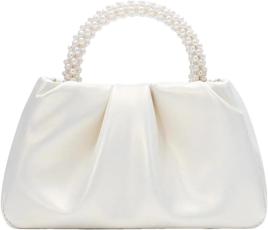 GORGLITTER Women's Evening Bag Pearl Purses Leather Ruched Handbags Wedding Bridal Clutch Party Prom Crossbody Purses