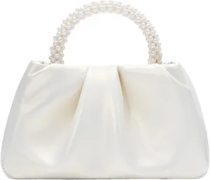 GORGLITTER Women's Evening Bag Pearl Purses Leather Ruched Handbags Wedding Bridal Clutch Party Prom Crossbody Purses