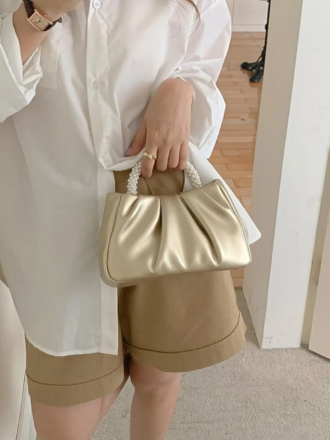 GORGLITTER Women's Evening Bag Pearl Purses Leather Ruched Handbags Wedding Bridal Clutch Party Prom Crossbody Purses