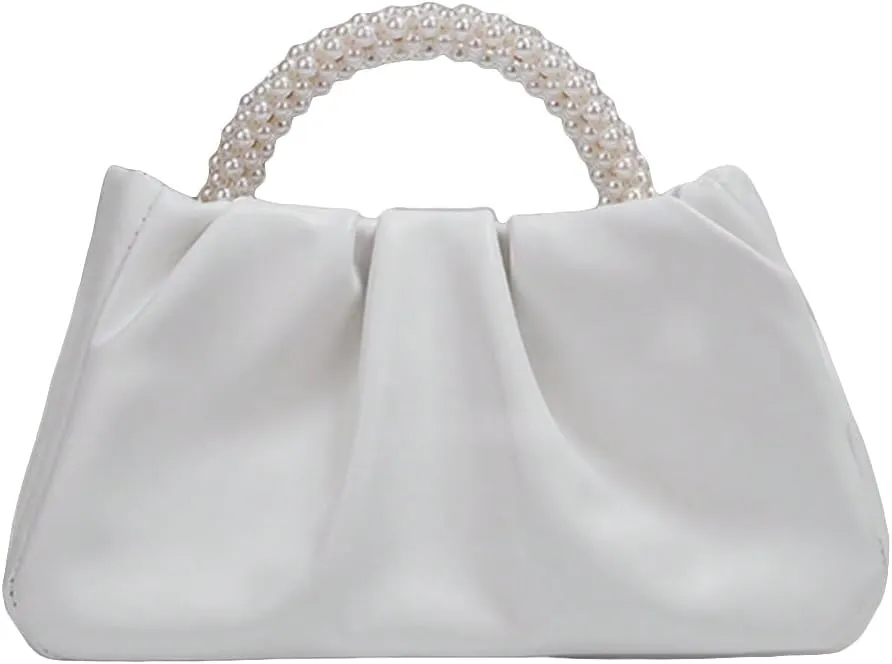 GORGLITTER Women's Evening Bag Pearl Purses Leather Ruched Handbags Wedding Bridal Clutch Party Prom Crossbody Purses