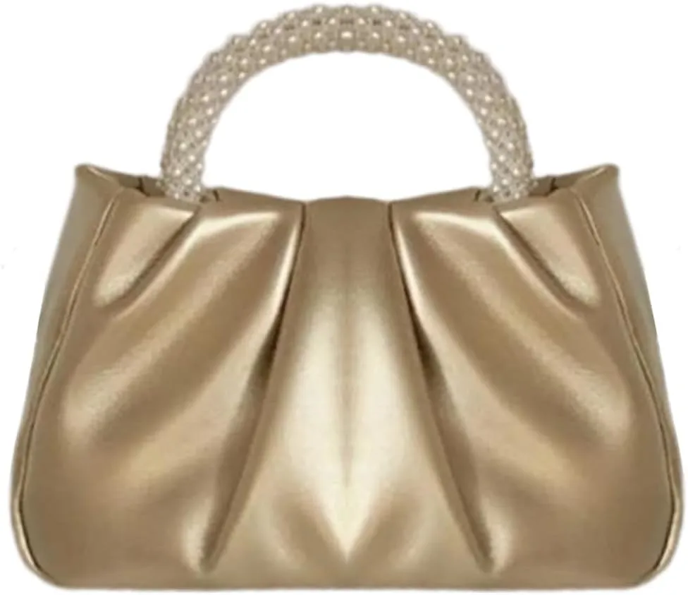 GORGLITTER Women's Evening Bag Pearl Purses Leather Ruched Handbags Wedding Bridal Clutch Party Prom Crossbody Purses