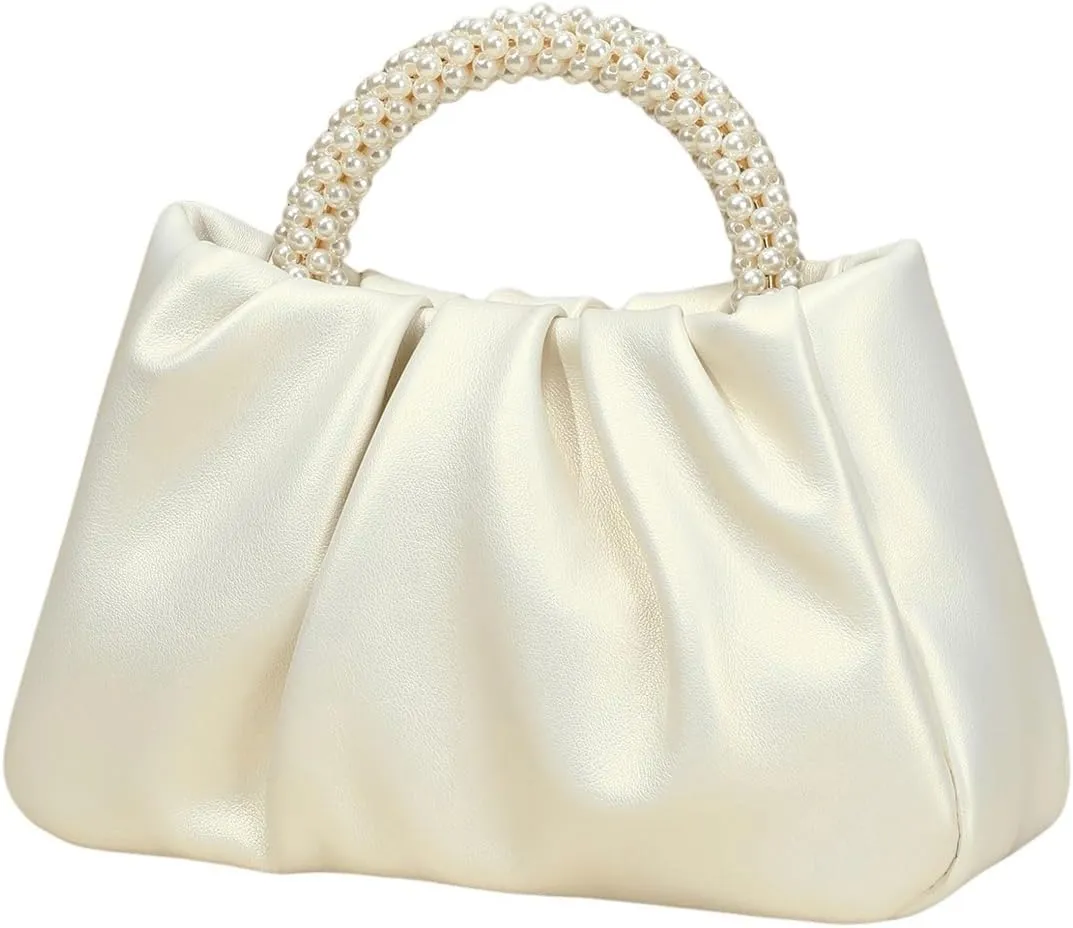 GORGLITTER Women's Evening Bag Pearl Purses Leather Ruched Handbags Wedding Bridal Clutch Party Prom Crossbody Purses