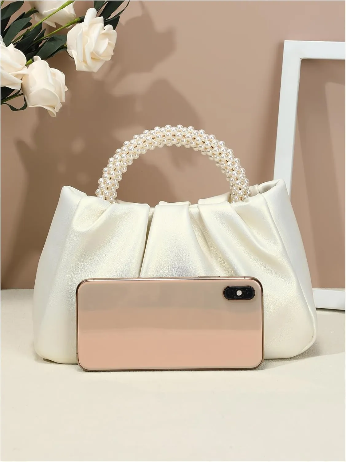 GORGLITTER Women's Evening Bag Pearl Purses Leather Ruched Handbags Wedding Bridal Clutch Party Prom Crossbody Purses