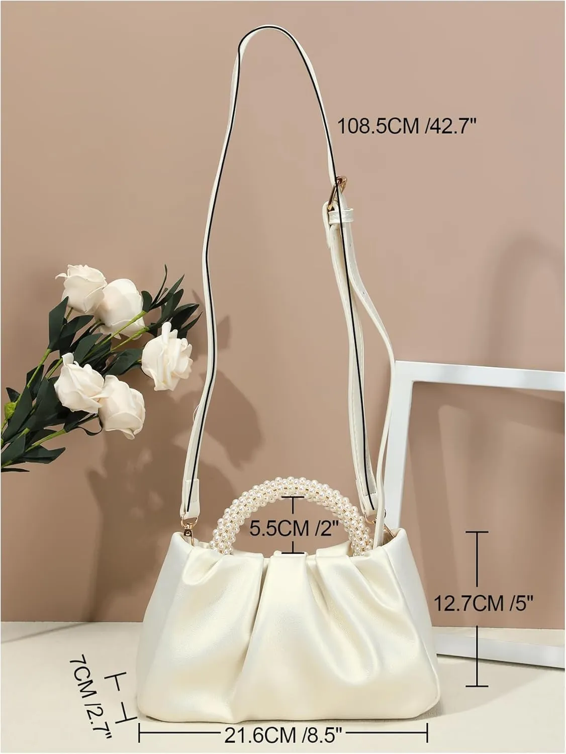 GORGLITTER Women's Evening Bag Pearl Purses Leather Ruched Handbags Wedding Bridal Clutch Party Prom Crossbody Purses