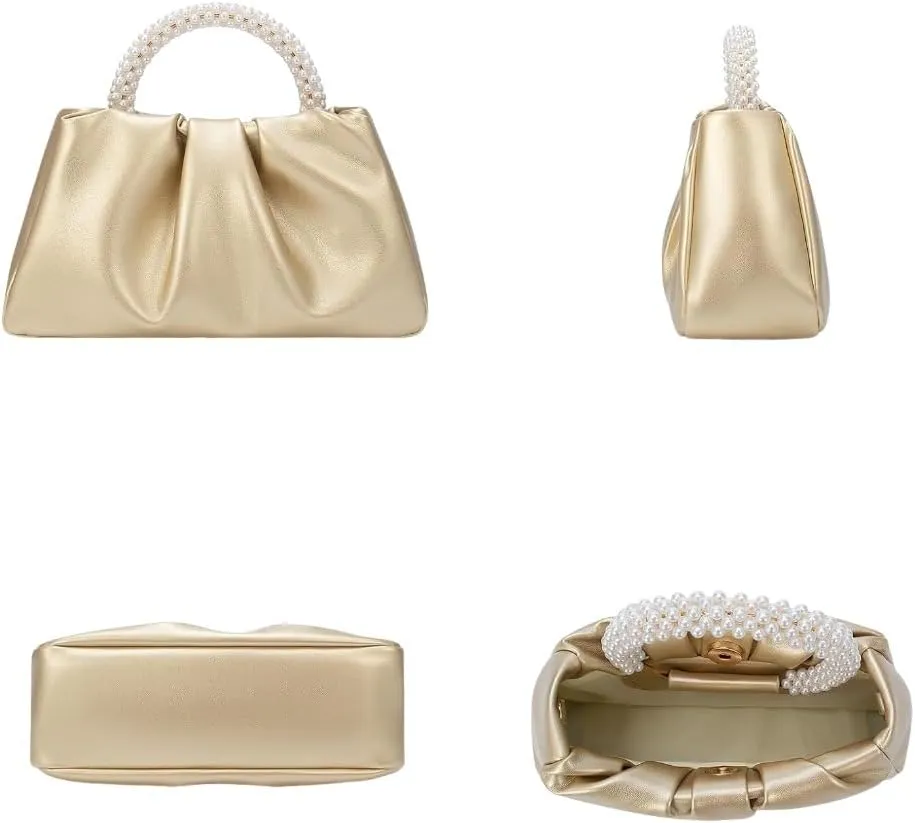 GORGLITTER Women's Evening Bag Pearl Purses Leather Ruched Handbags Wedding Bridal Clutch Party Prom Crossbody Purses