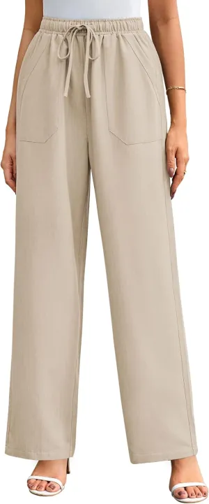 GRACE KARIN Women's Wide Leg Casual Pants Summer Lightweight Drawstring Elastic Waist Lounge Beach Palazzo with Pockets