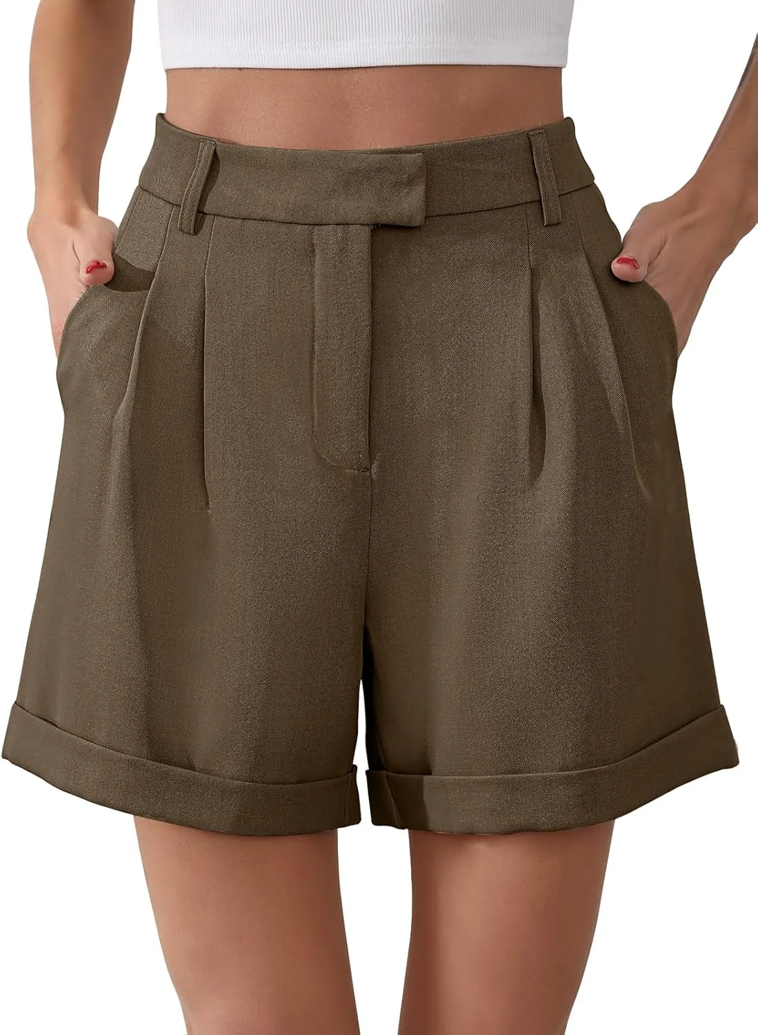 Gracyoga Shorts for Women Trendy Summer Elastic High Waisted Wide Leg Casual Short Loose Cuffed Hem Work Trouser Shorts