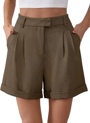 Gracyoga Shorts for Women Trendy Summer Elastic High Waisted Wide Leg Casual Short Loose Cuffed Hem Work Trouser Shorts
