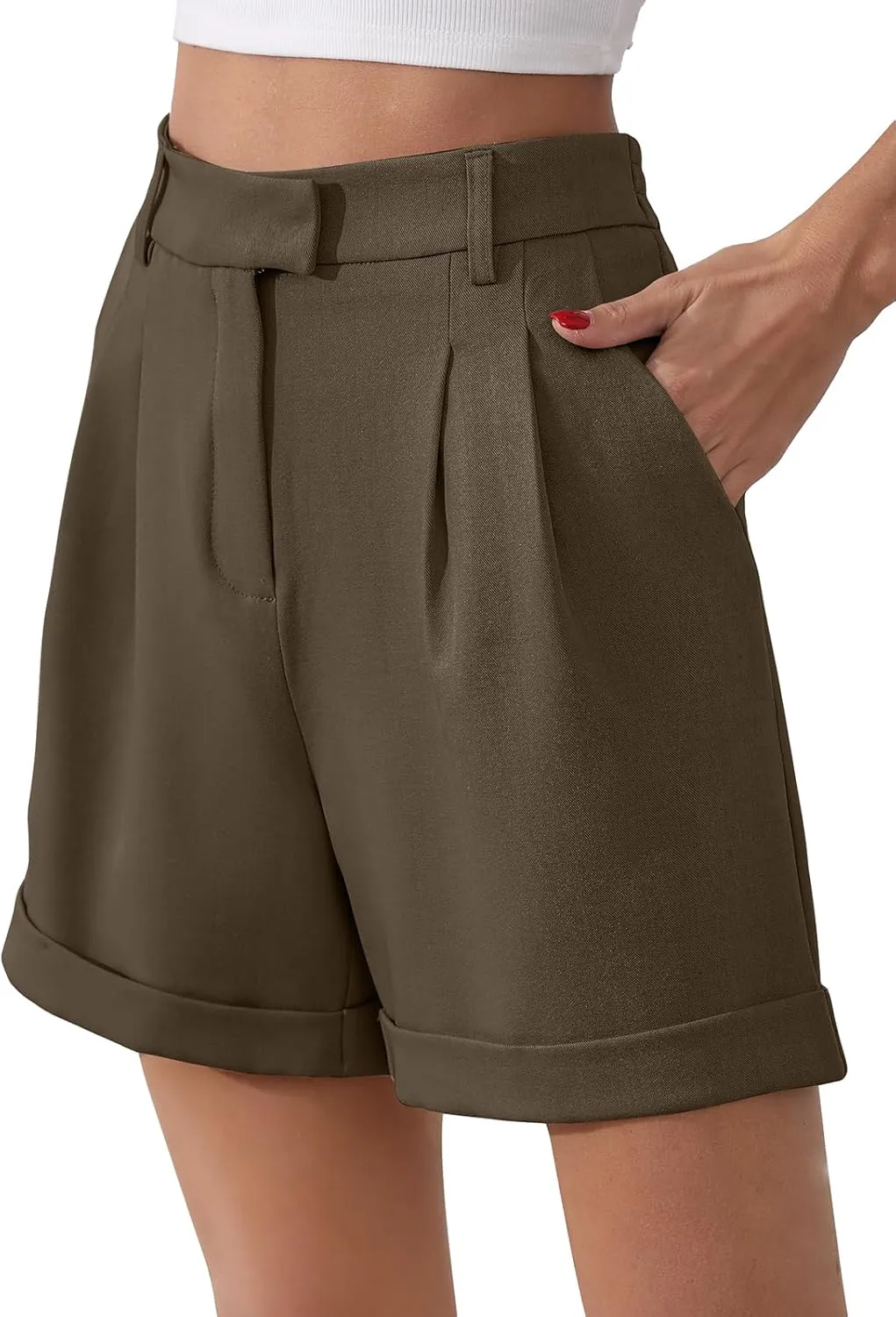 Gracyoga Shorts for Women Trendy Summer Elastic High Waisted Wide Leg Casual Short Loose Cuffed Hem Work Trouser Shorts