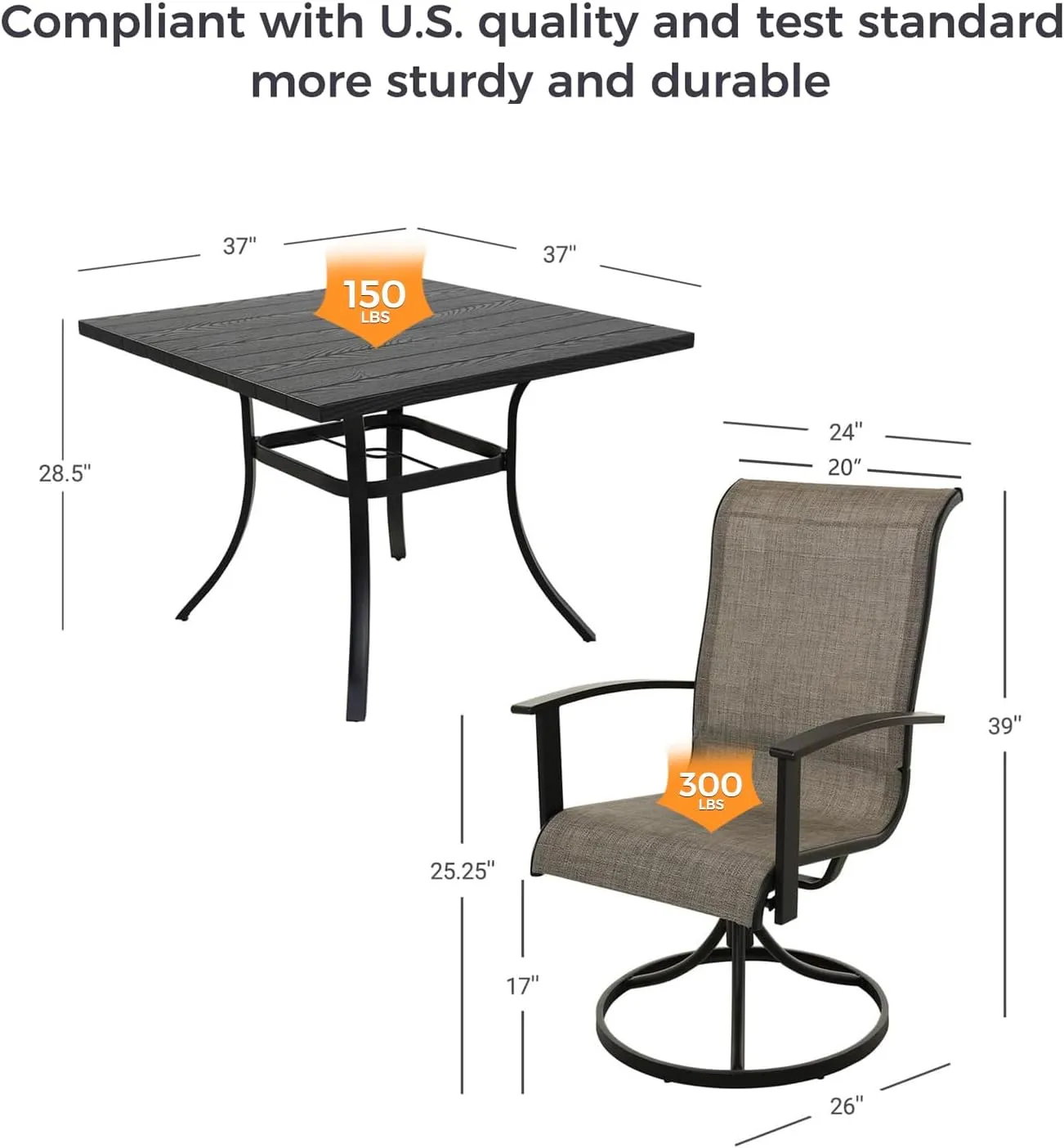 Grand patio Patio Dining Set for 4, Outdoor Dining Set with 4-Piece Mesh Sling Swivel Patio Rocking Chairs, 1-Piece Square Woodgrain Dining Table with 1.5'' Umbrella Hole, Mixed Coffee
