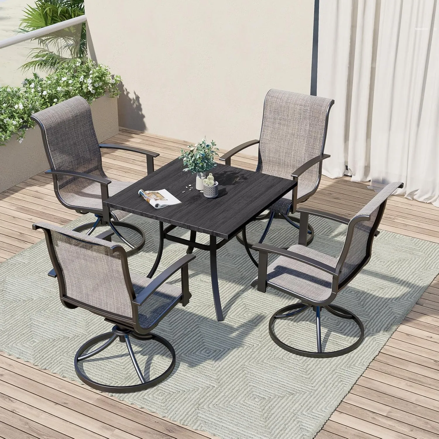 Grand patio Patio Dining Set for 4, Outdoor Dining Set with 4-Piece Mesh Sling Swivel Patio Rocking Chairs, 1-Piece Square Woodgrain Dining Table with 1.5'' Umbrella Hole, Mixed Coffee