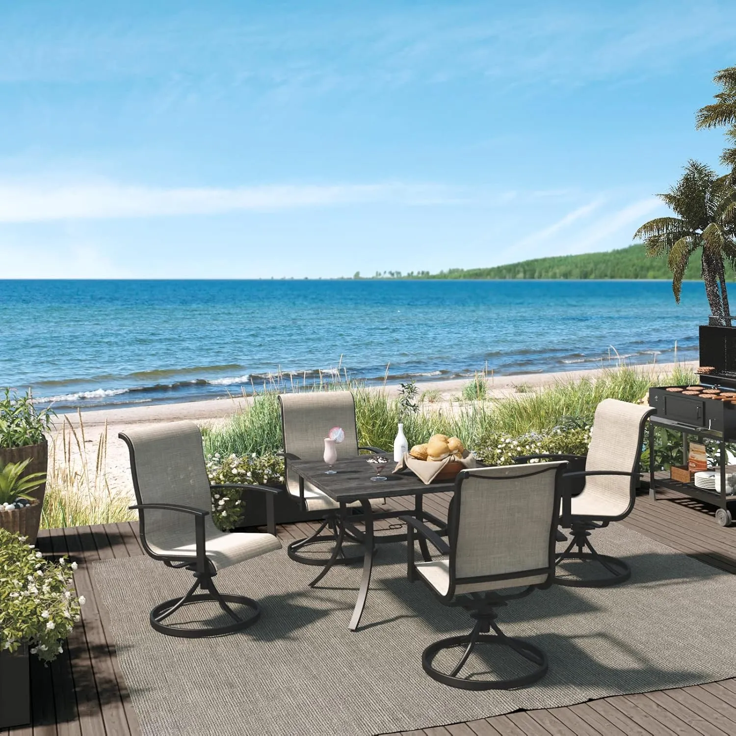 Grand patio Patio Dining Set for 4, Outdoor Dining Set with 4-Piece Mesh Sling Swivel Patio Rocking Chairs, 1-Piece Square Woodgrain Dining Table with 1.5'' Umbrella Hole, Mixed Coffee
