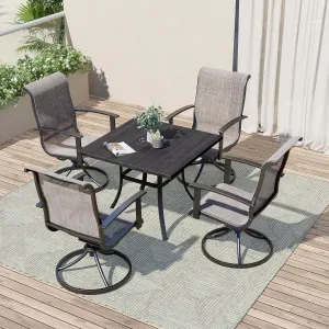 Grand patio Patio Dining Set for 4, Outdoor Dining Set with 4-Piece Mesh Sling Swivel Patio Rocking Chairs, 1-Piece Square Woodgrain Dining Table with 1.5'' Umbrella Hole, Mixed Coffee