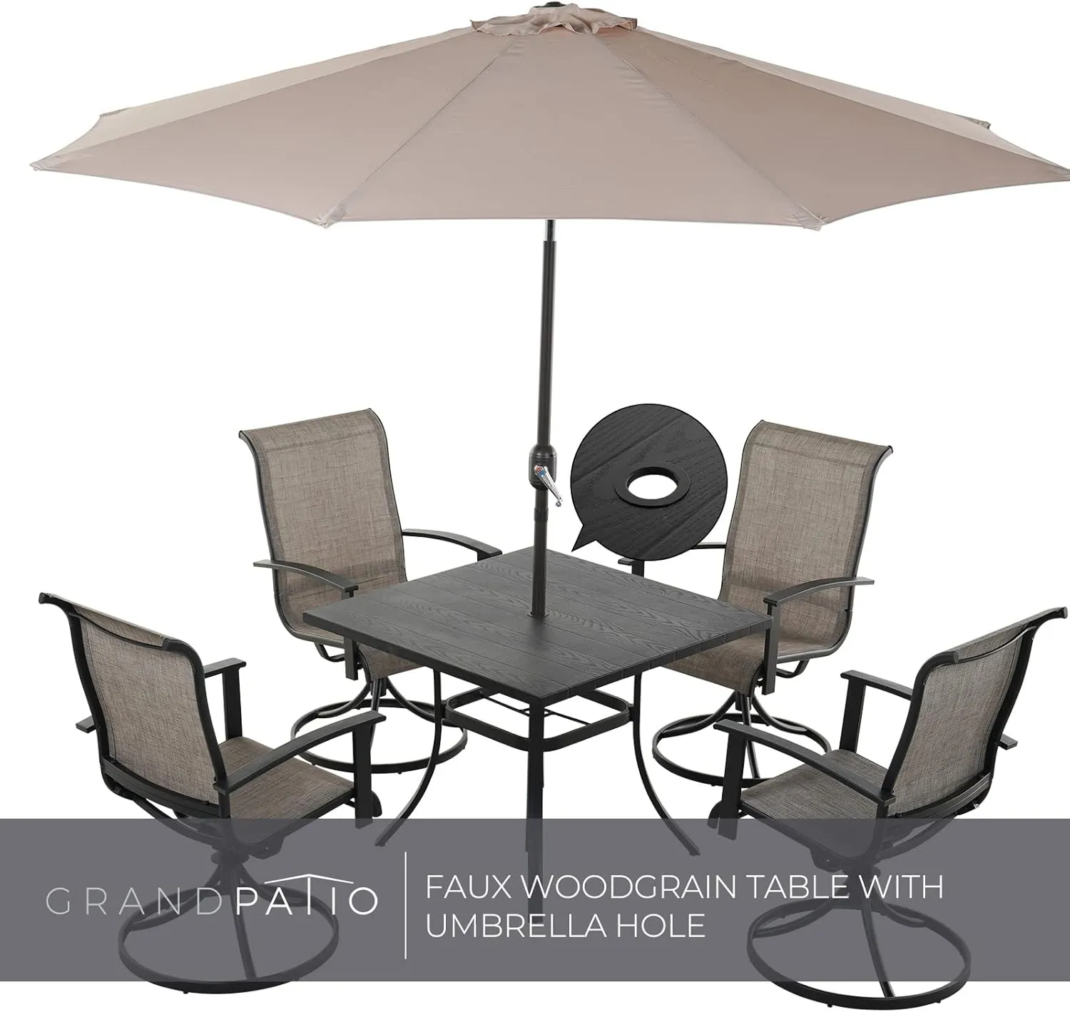 Grand patio Patio Dining Set for 4, Outdoor Dining Set with 4-Piece Mesh Sling Swivel Patio Rocking Chairs, 1-Piece Square Woodgrain Dining Table with 1.5'' Umbrella Hole, Mixed Coffee