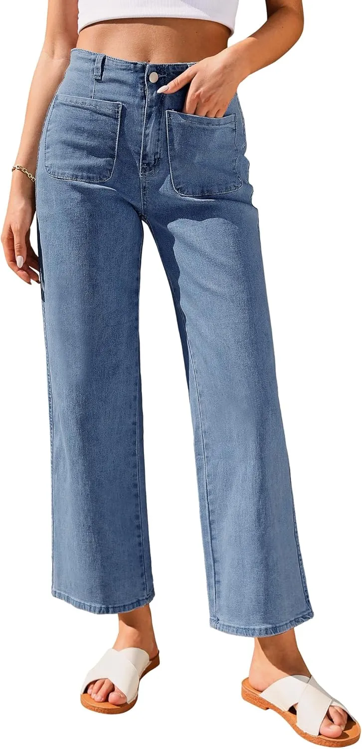 GRAPENT Wide Leg Jeans for Women High Waisted Straight Leg Stretchy Cropped Denim Pants with Pockets Jean Trousers