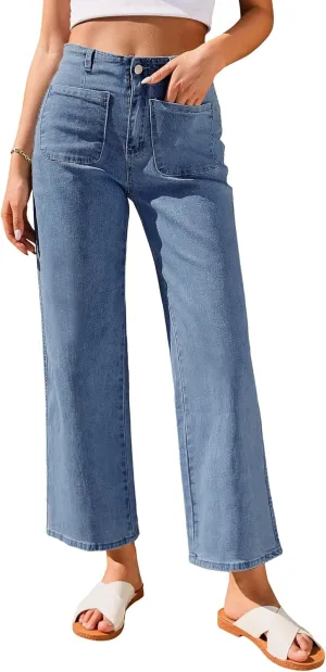 GRAPENT Wide Leg Jeans for Women High Waisted Straight Leg Stretchy Cropped Denim Pants with Pockets Jean Trousers