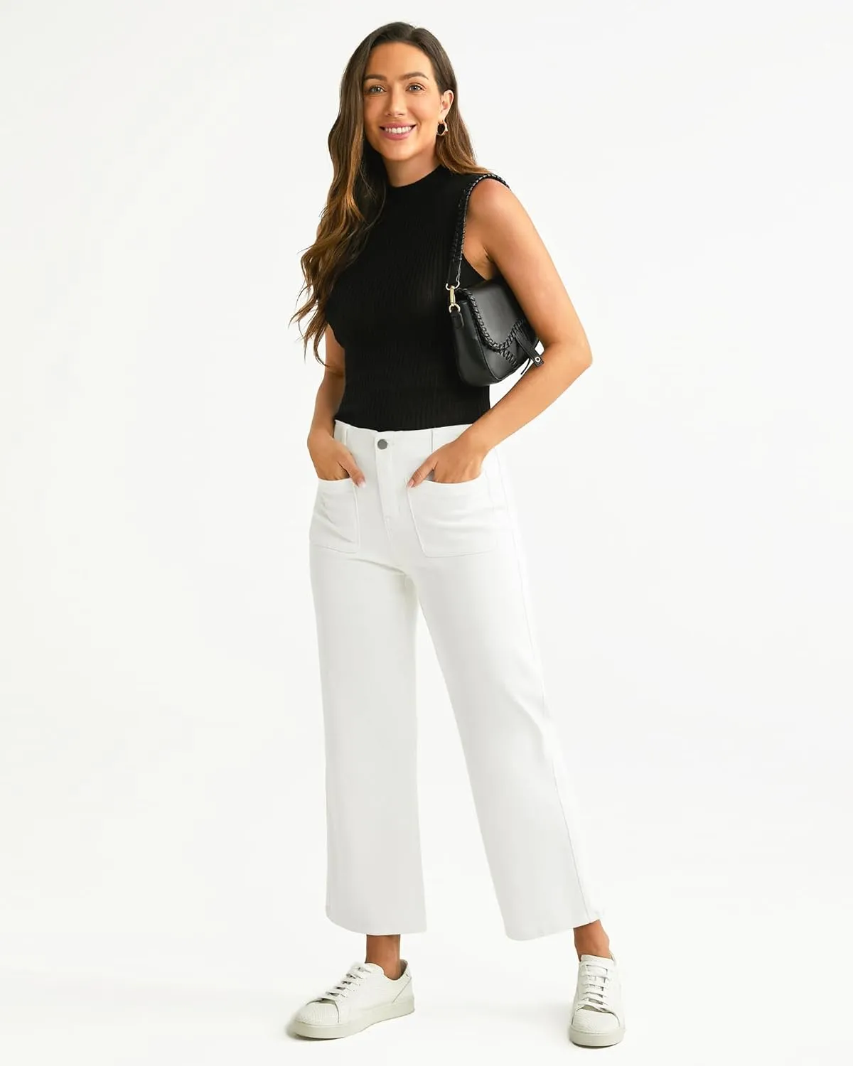 GRAPENT Wide Leg Jeans for Women High Waisted Straight Leg Stretchy Cropped Denim Pants with Pockets Jean Trousers