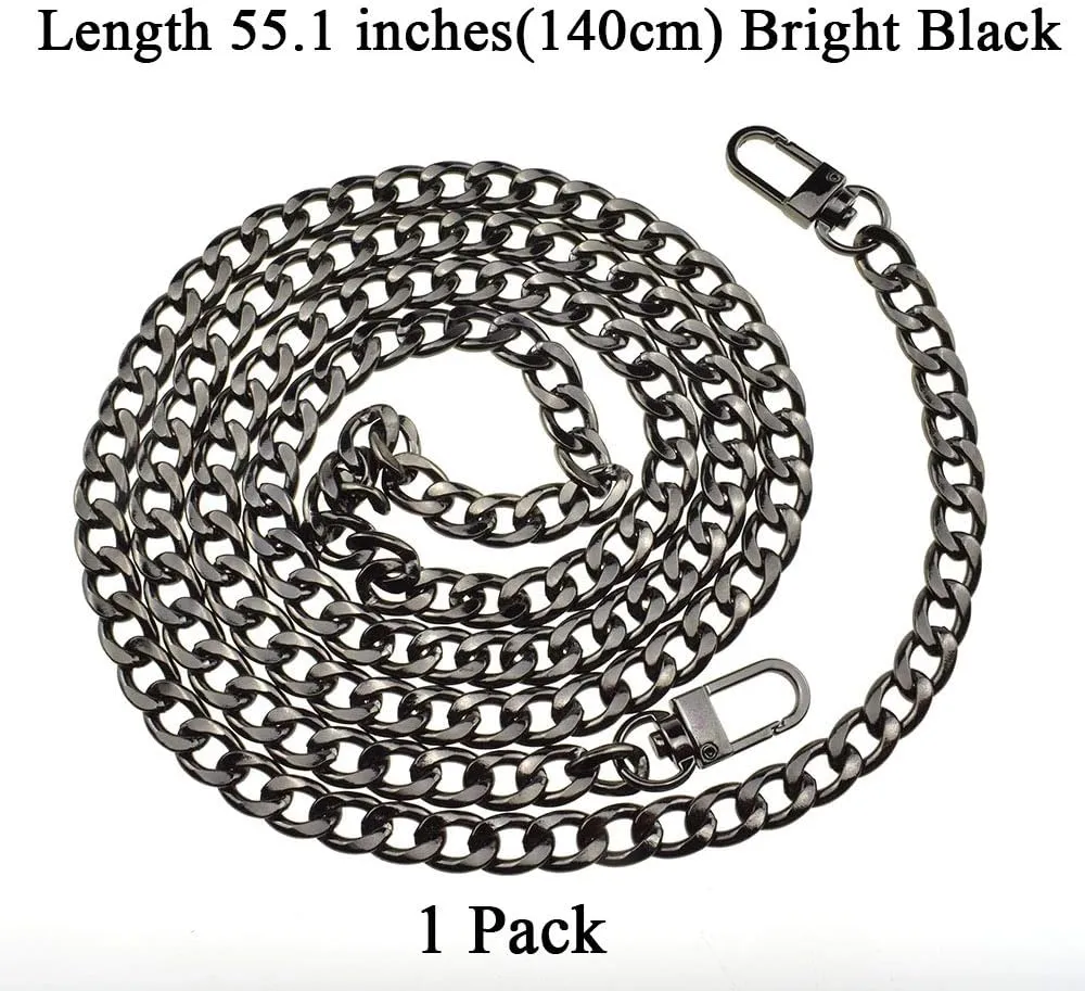 HAHIYO Purse Chain Strap Length 55.1 inches Bright Black for Shoulder Cross Body Sling Purse Handbag Clutch Replacement Strap Comfortable Flat 0.4” Wide Enough 2.4mm Extra Thick Metal Strap 1 Pack