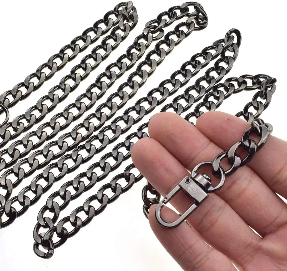 HAHIYO Purse Chain Strap Length 55.1 inches Bright Black for Shoulder Cross Body Sling Purse Handbag Clutch Replacement Strap Comfortable Flat 0.4” Wide Enough 2.4mm Extra Thick Metal Strap 1 Pack