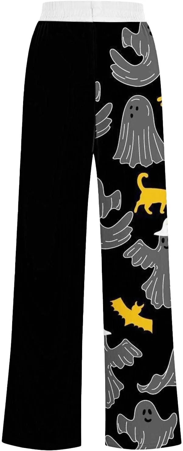 Halloween Sweatpant Women Lacing Solid Color Waist Waist Wide Leg Casual Pants Elastic High Waisted Long Pants