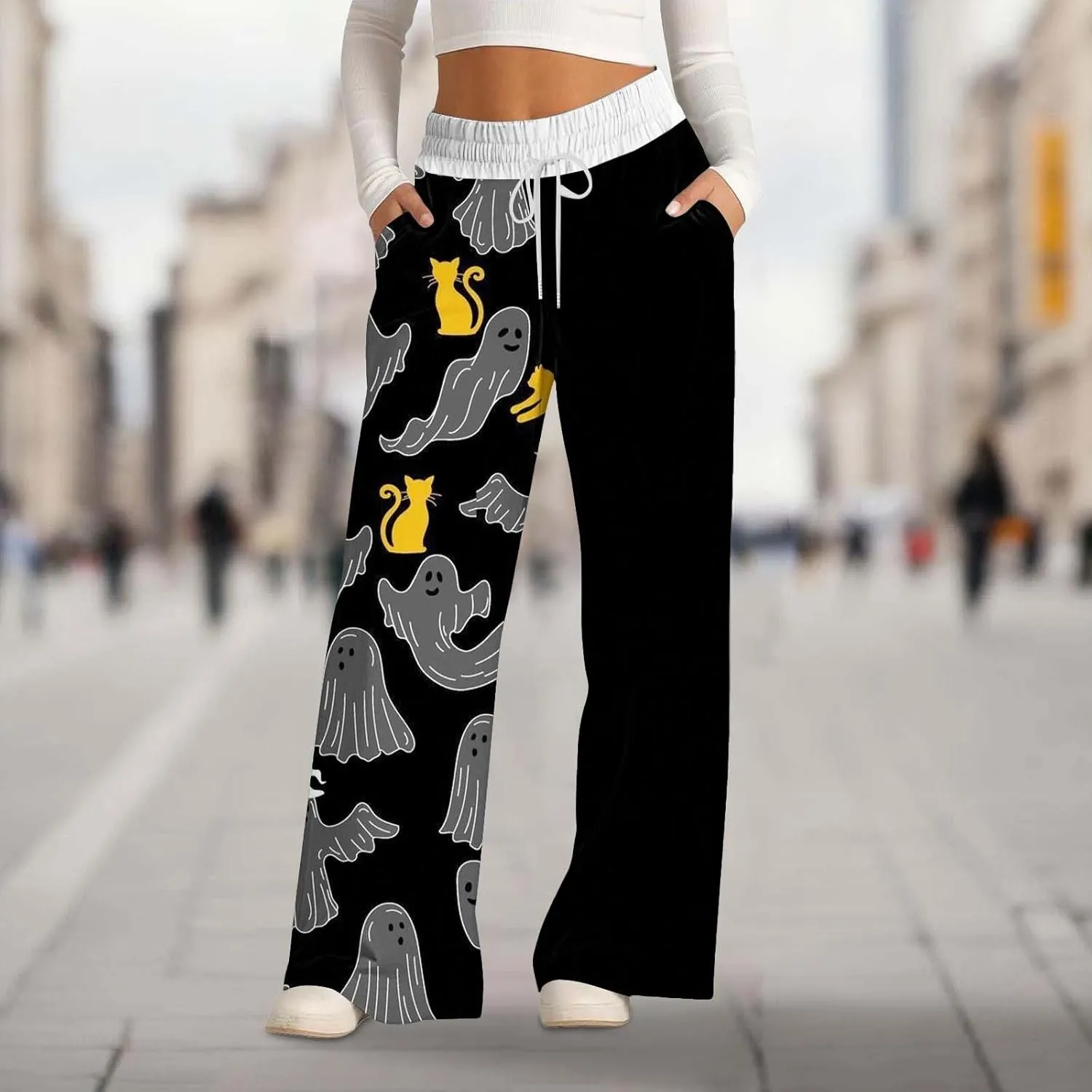 Halloween Sweatpant Women Lacing Solid Color Waist Waist Wide Leg Casual Pants Elastic High Waisted Long Pants