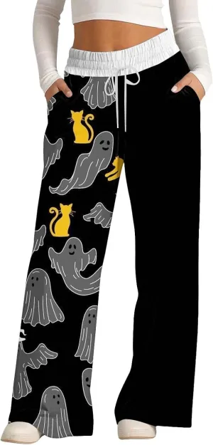Halloween Sweatpant Women Lacing Solid Color Waist Waist Wide Leg Casual Pants Elastic High Waisted Long Pants
