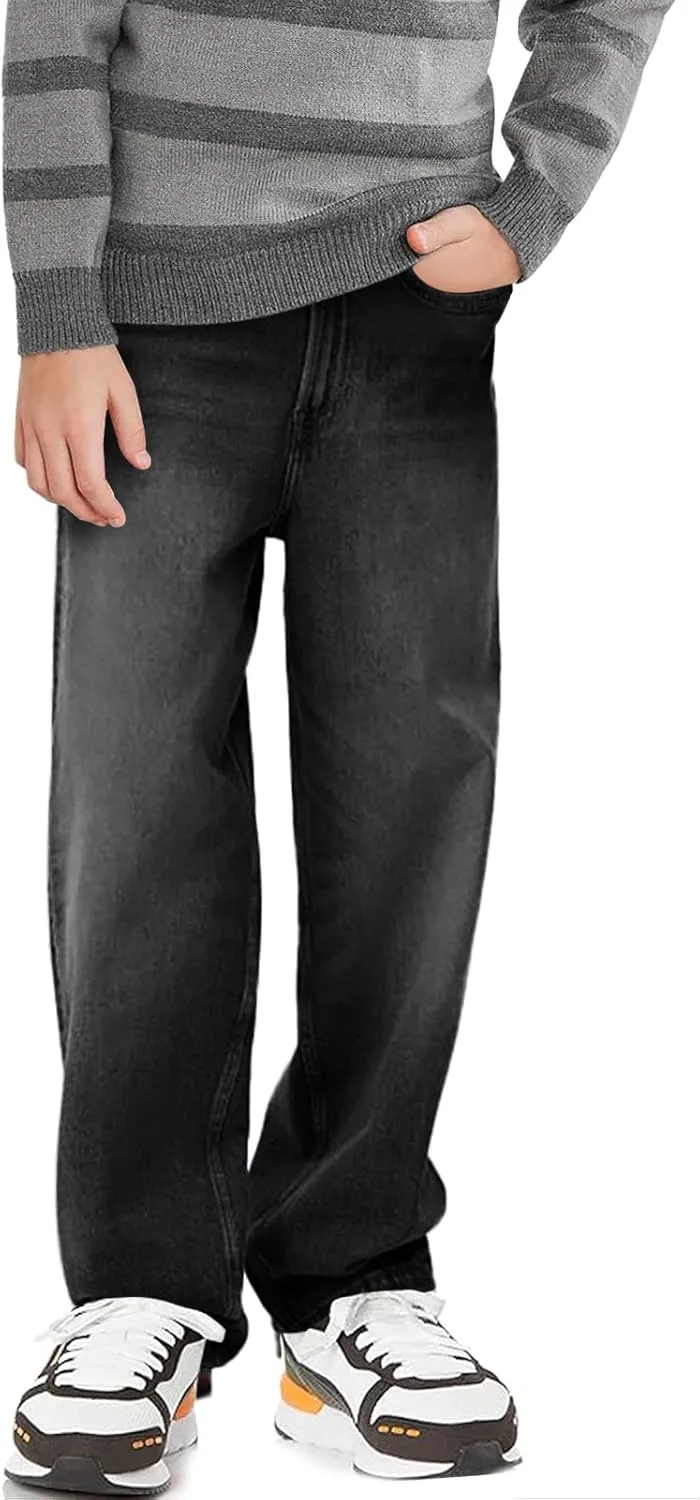 Haloumoning Boys Casual Baggy Denim Pants Kids Elastic Waist Wide Leg Jeans with Pockets 5-14 Years