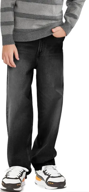 Haloumoning Boys Casual Baggy Denim Pants Kids Elastic Waist Wide Leg Jeans with Pockets 5-14 Years