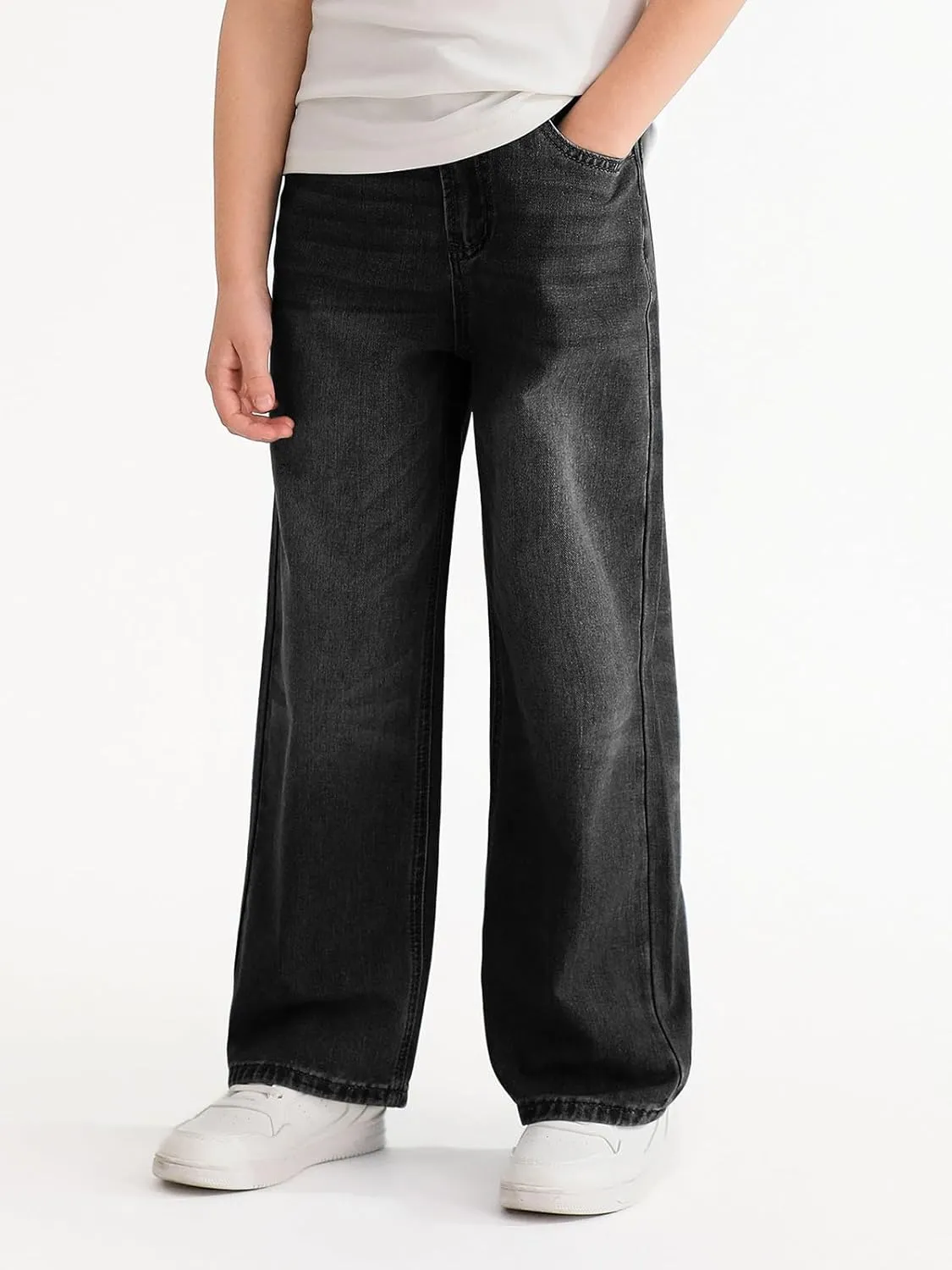 Haloumoning Boys Casual Baggy Denim Pants Kids Elastic Waist Wide Leg Jeans with Pockets 5-14 Years