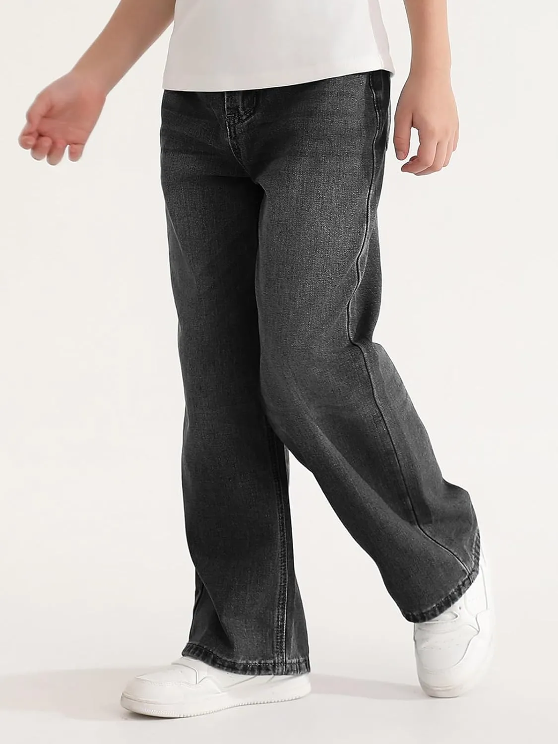 Haloumoning Boys Casual Baggy Denim Pants Kids Elastic Waist Wide Leg Jeans with Pockets 5-14 Years