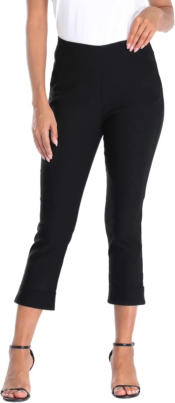 HDE Pull On Capri Pants for Women with Pockets Elastic Waist Cropped Work Pants