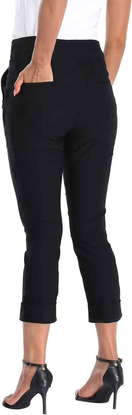 HDE Pull On Capri Pants for Women with Pockets Elastic Waist Cropped Work Pants