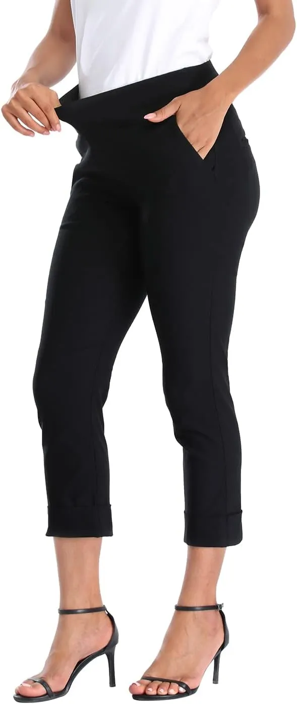 HDE Pull On Capri Pants for Women with Pockets Elastic Waist Cropped Work Pants